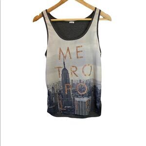 Graphic Glitter Print Scoop Neck Light Sleeveless Casual Tank Top M